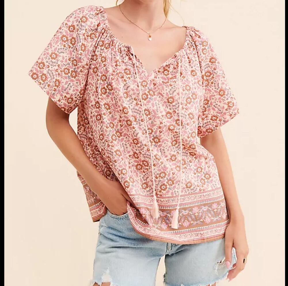 Faherty Florence Peasant Blouse Top Organic Cotton Boho Floral Women's M Peasant